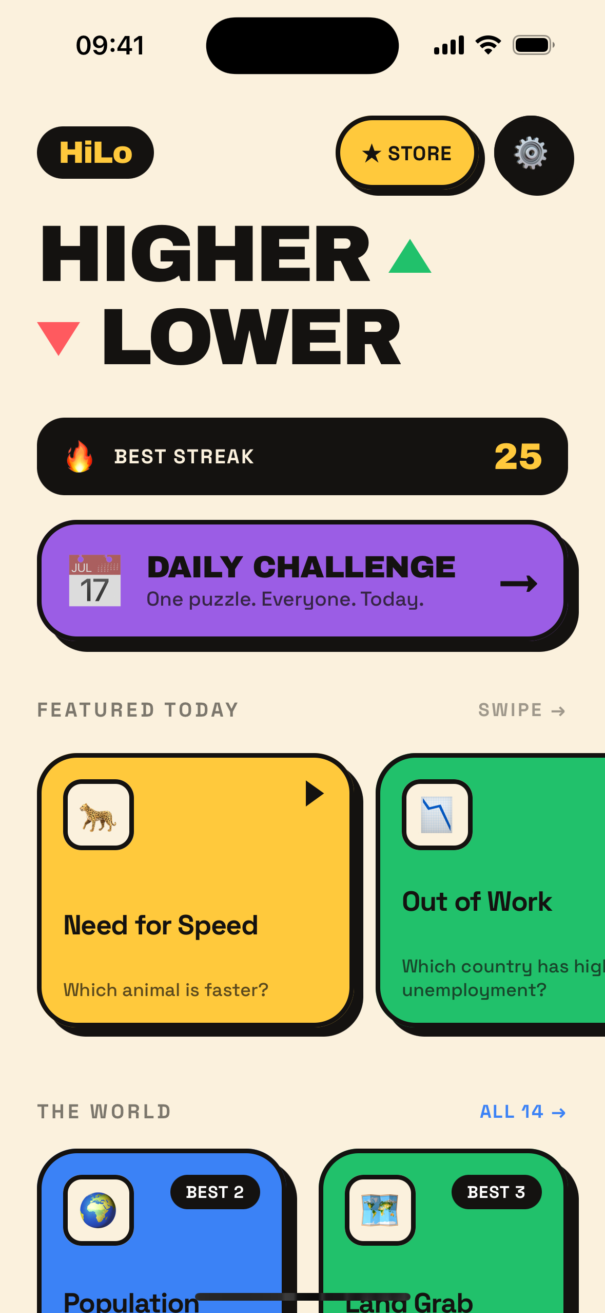 HiLo home screen showing the wordmark, best streak, daily challenge, and themed decks