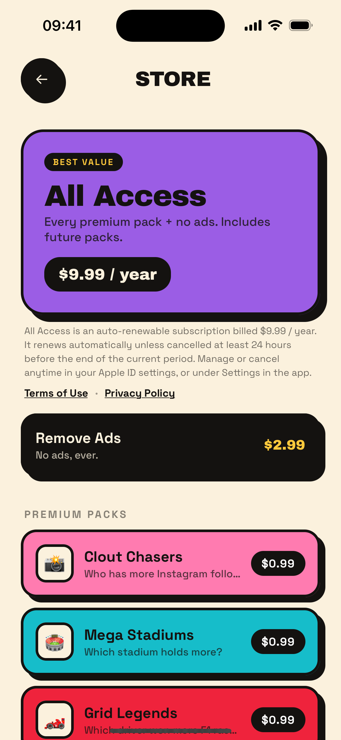 The HiLo store with All Access, Remove Ads, and premium packs